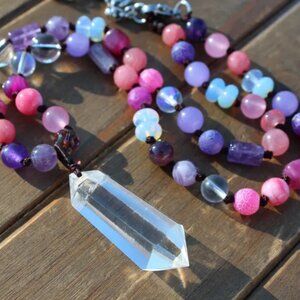 Pink, Purple, and White Boho Stone Necklace with Clear Quartz Pendant